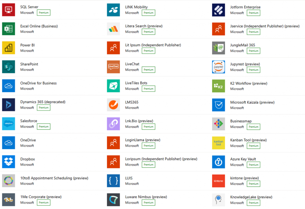 Liste de connecteurs Power Apps vs Excel